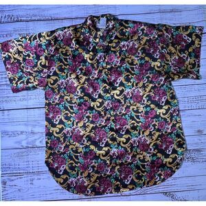 Vintage Floral Baroque Print Button Down Shirt Black Gold Purple Teal Size Small